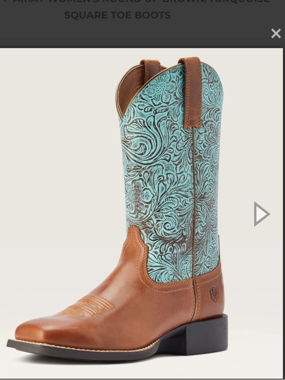 Ariat Women's Round Up Western Square Toe Boots in Bedunio Brown and Turquoise.